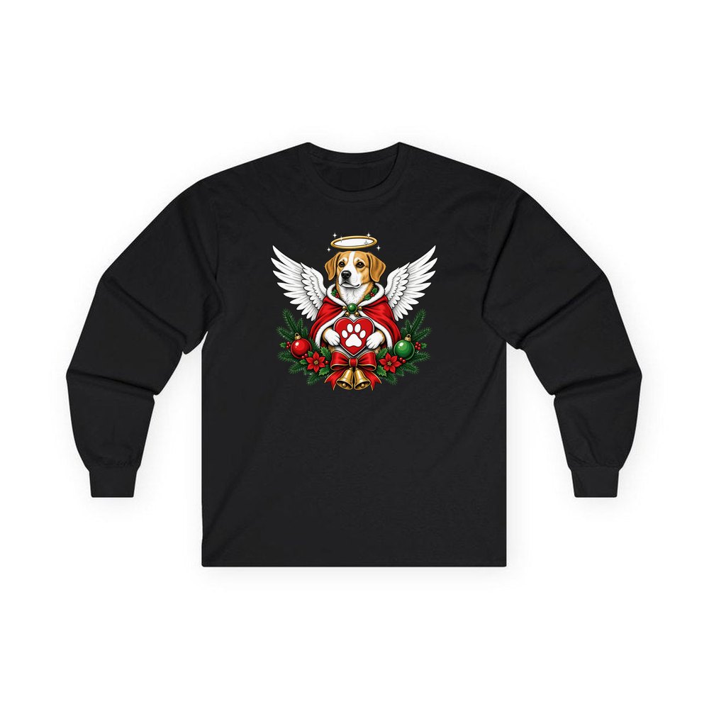 Angel Dog With Paw Heart personalised long sleeve Christmas T-shirt in black
