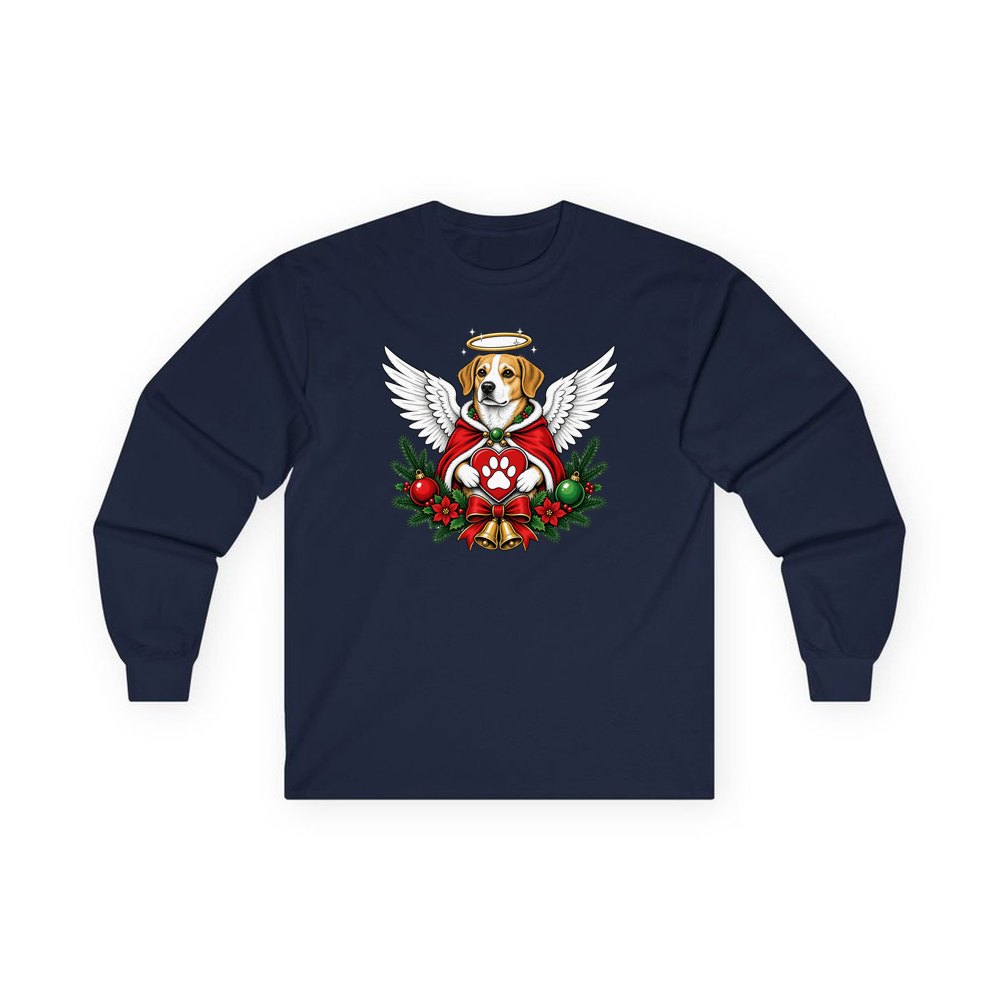 Angel Dog With Paw Heart personalised long sleeve Christmas T-shirt in navy