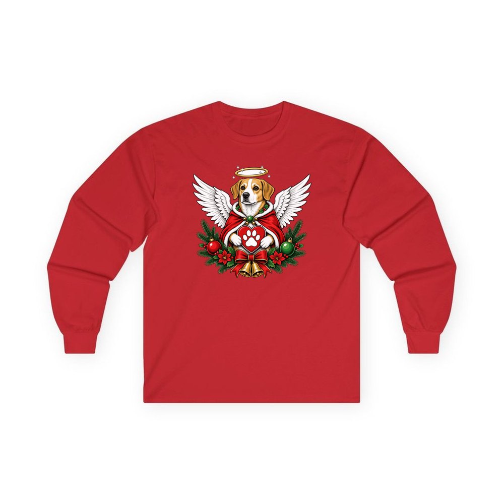 Angel Dog With Paw Heart personalised long sleeve Christmas T-shirt in red
