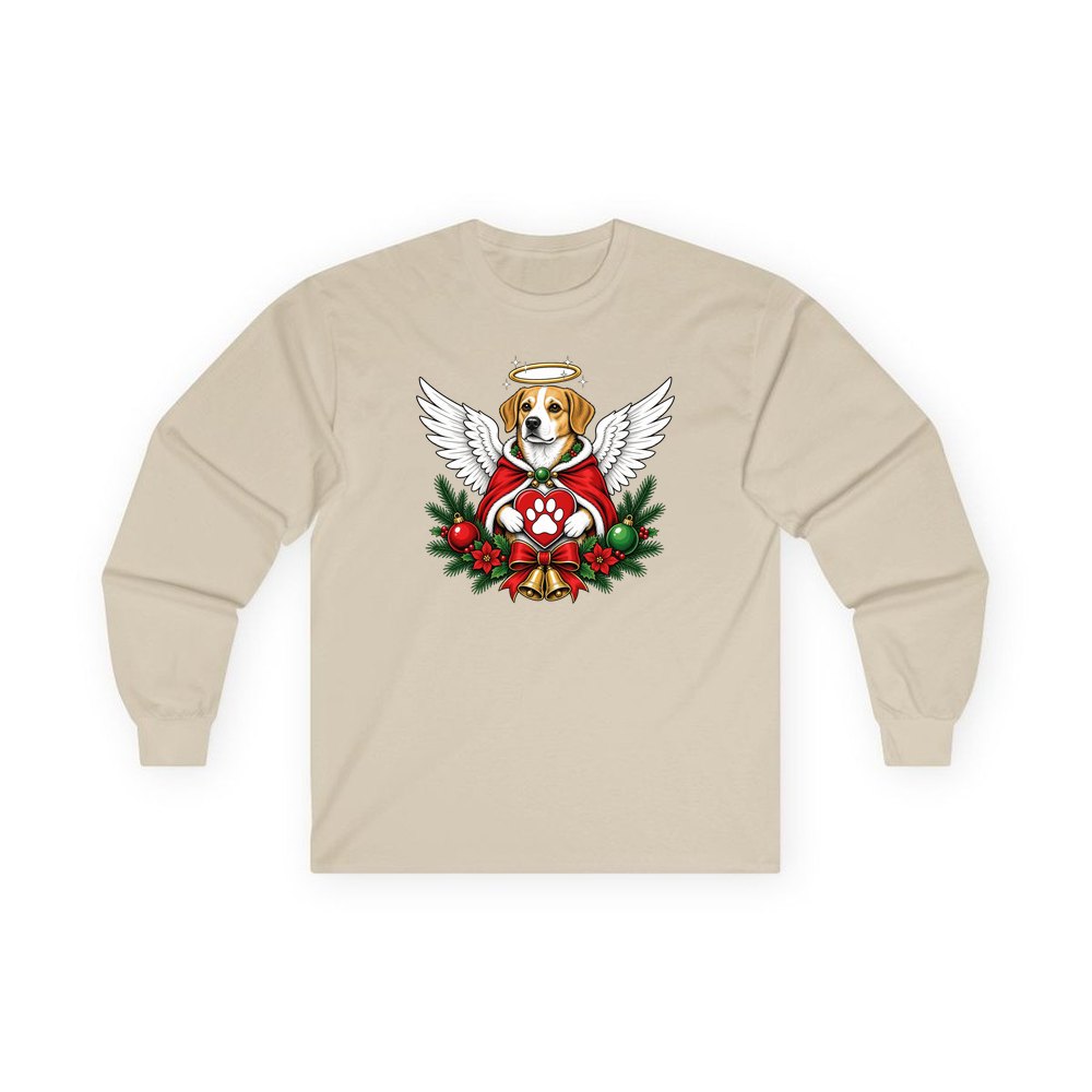 Angel Dog With Paw Heart personalised long sleeve Christmas T-shirt in sand