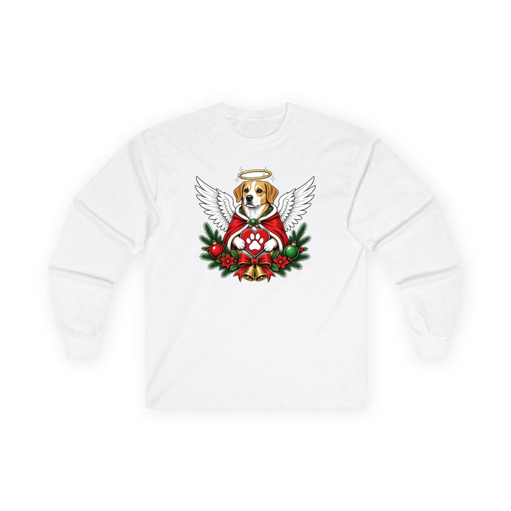 Angel Dog With Paw Heart personalised long sleeve Christmas T-shirt in white