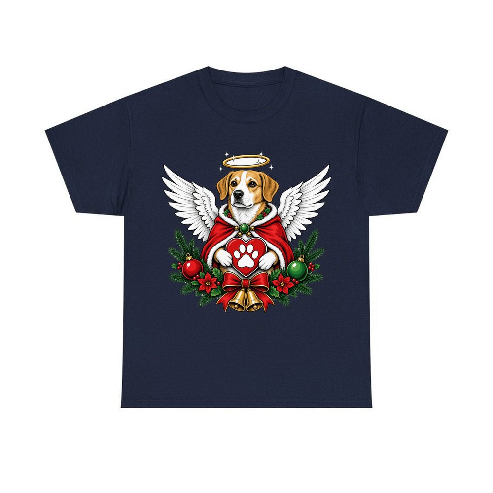 Angel Dog With Paw Heart personalised Christmas T-shirt in navy