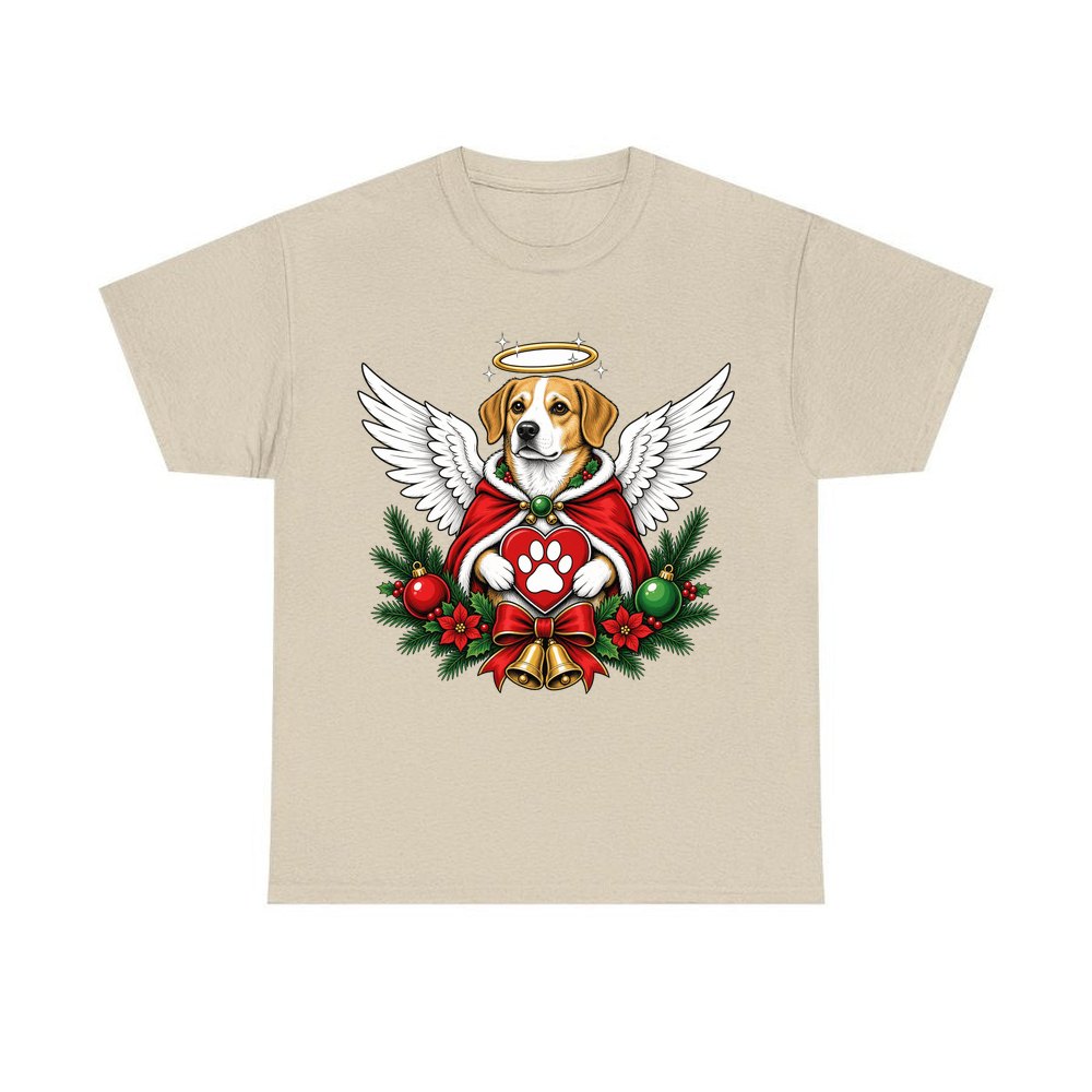 Angel Dog With Paw Heart personalised Christmas T-shirt in sand