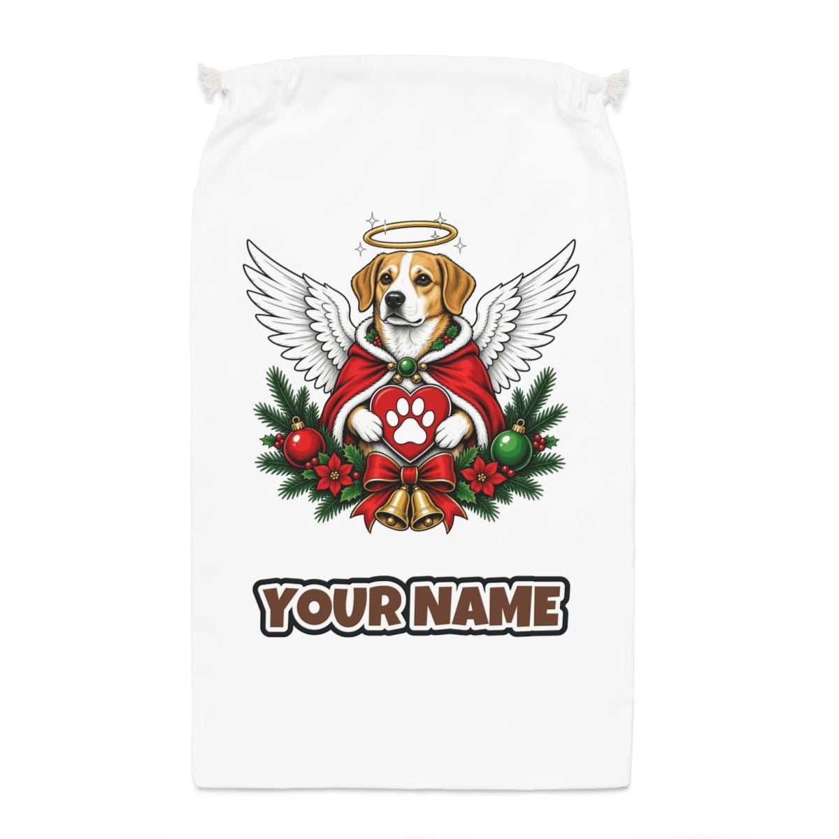 Angel Dog With Paw Heart Santa sack laid flat, showing the full print