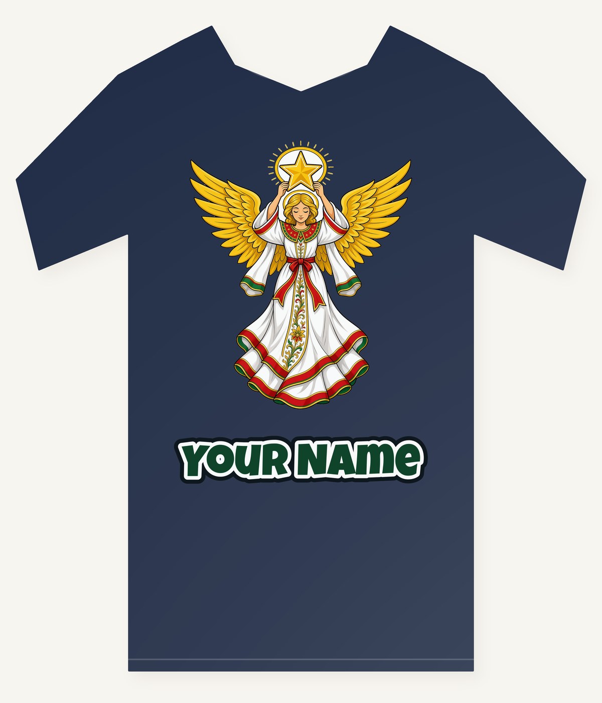 Angel Holding Golden Star personalised kids Christmas tee with the design and a name printed on the front
