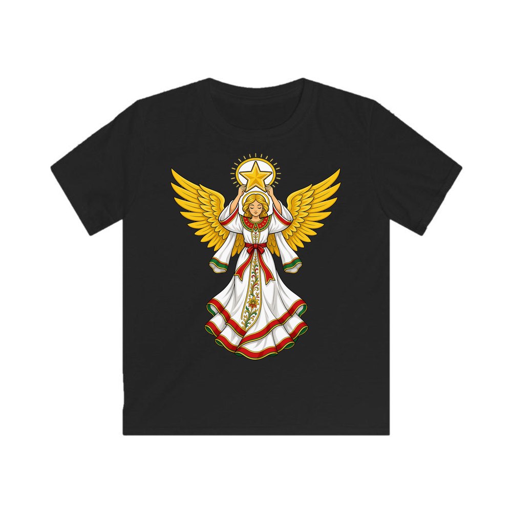 Angel Holding Golden Star personalised kids Christmas tee in black