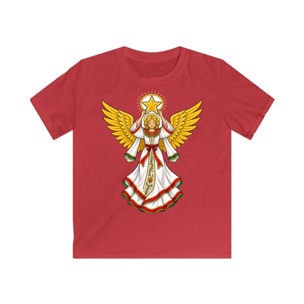 Angel Holding Golden Star personalised kids Christmas tee in red