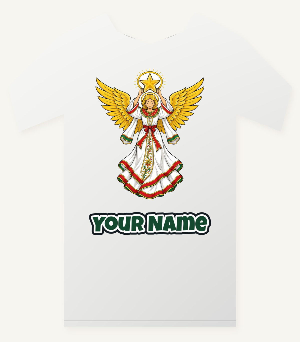 Angel Holding Golden Star personalised Christmas T-shirt with the design and a name printed on the front