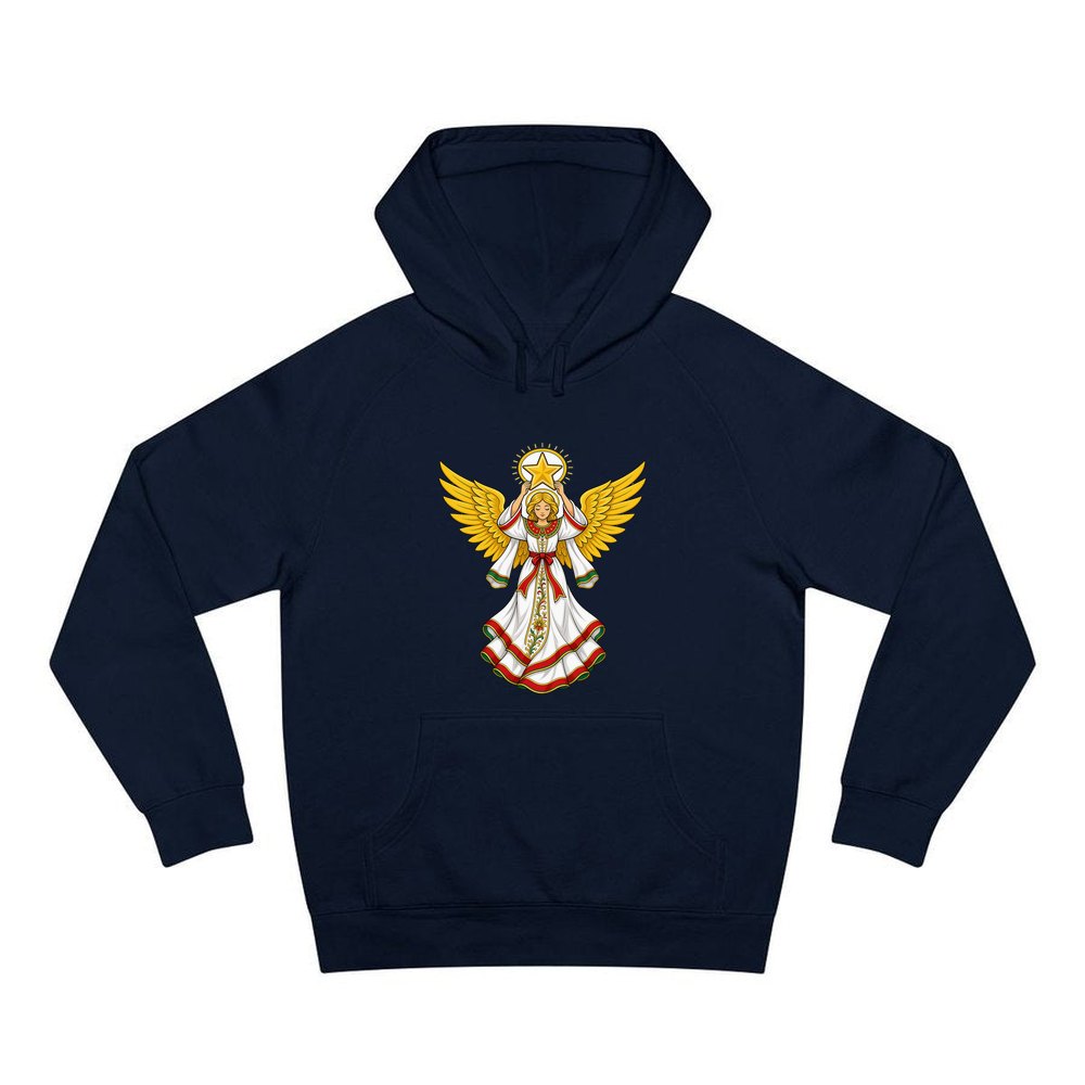 Angel Holding Golden Star personalised Christmas hoodie in navy