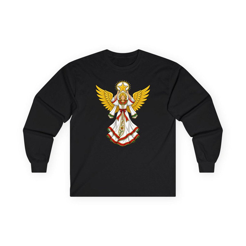 Angel Holding Golden Star personalised long sleeve Christmas T-shirt in black