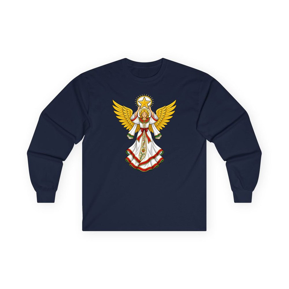 Angel Holding Golden Star personalised long sleeve Christmas T-shirt in navy