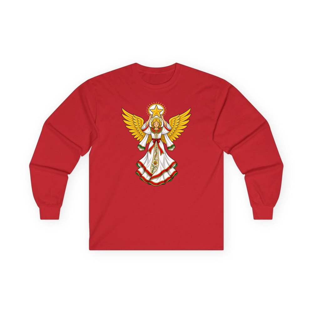 Angel Holding Golden Star personalised long sleeve Christmas T-shirt in red