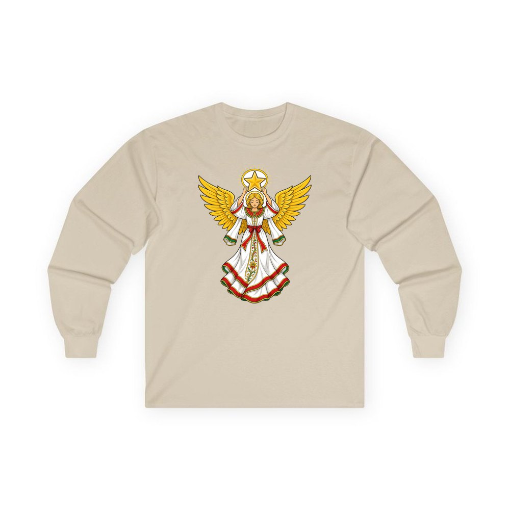 Angel Holding Golden Star personalised long sleeve Christmas T-shirt in sand