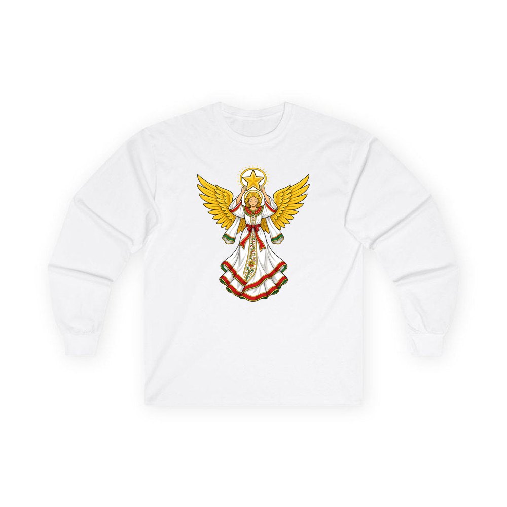 Angel Holding Golden Star personalised long sleeve Christmas T-shirt in white