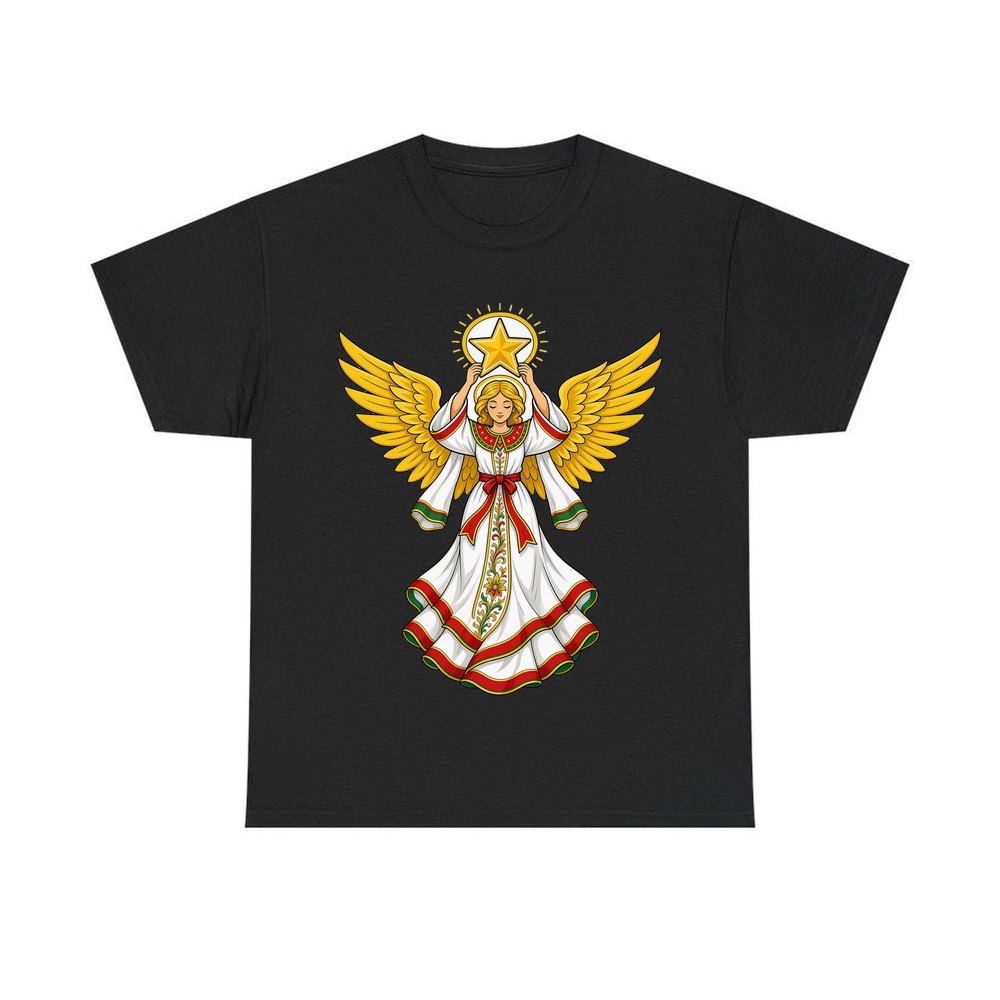 Angel Holding Golden Star personalised Christmas T-shirt in black