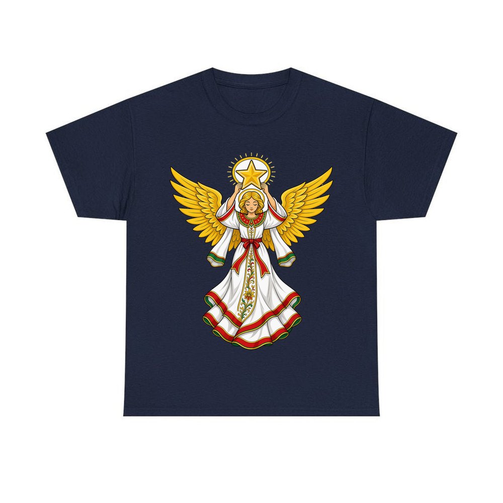 Angel Holding Golden Star personalised Christmas T-shirt in navy