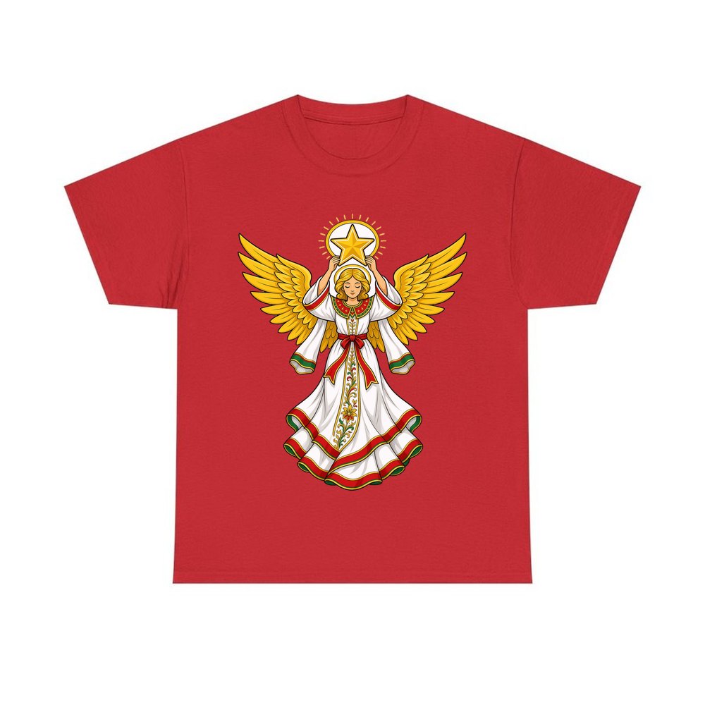 Angel Holding Golden Star personalised Christmas T-shirt in red