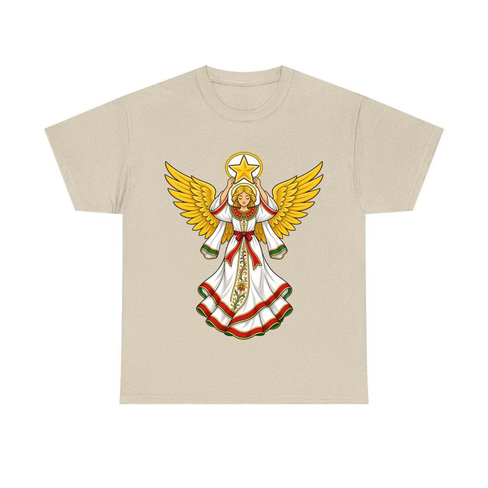 Angel Holding Golden Star personalised Christmas T-shirt in sand