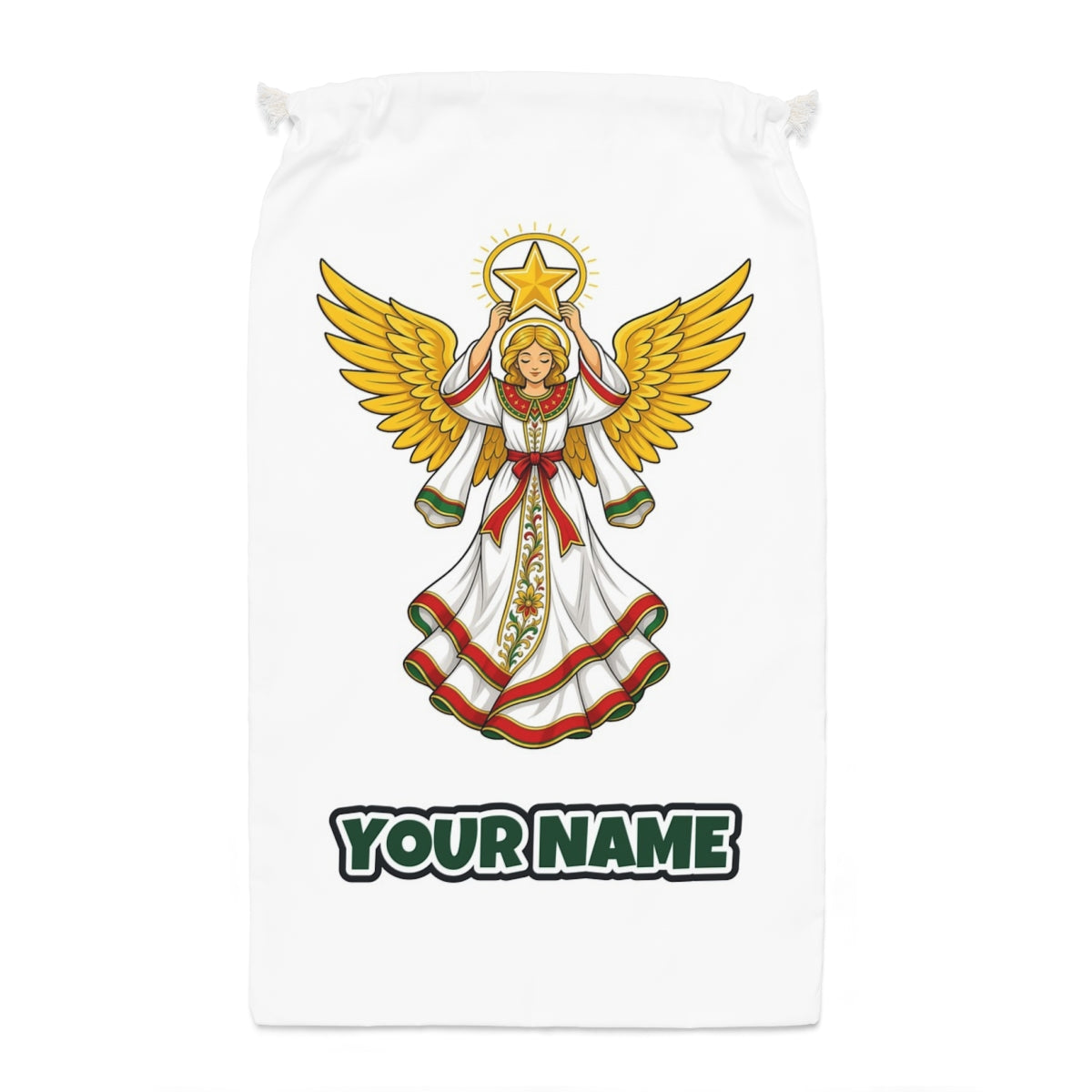 Angel Holding Golden Star Santa sack laid flat, showing the full print