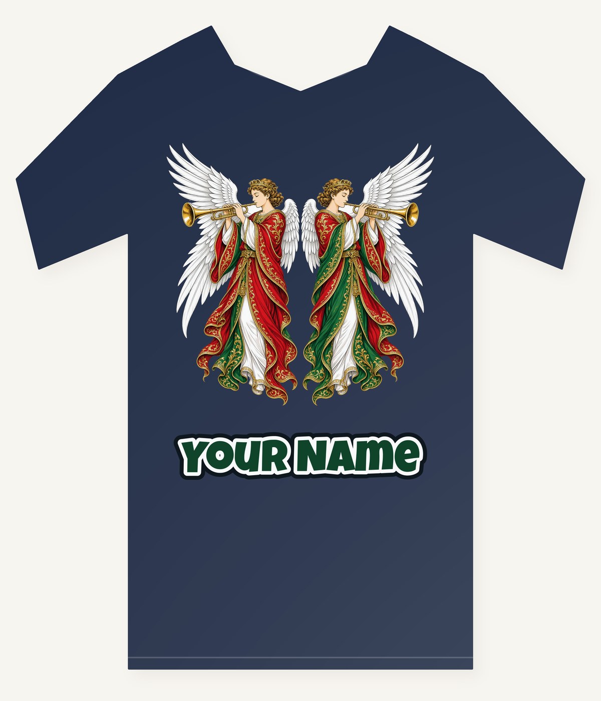 Angels With Golden Trumpets personalised kids Christmas tee with the design and a name printed on the front