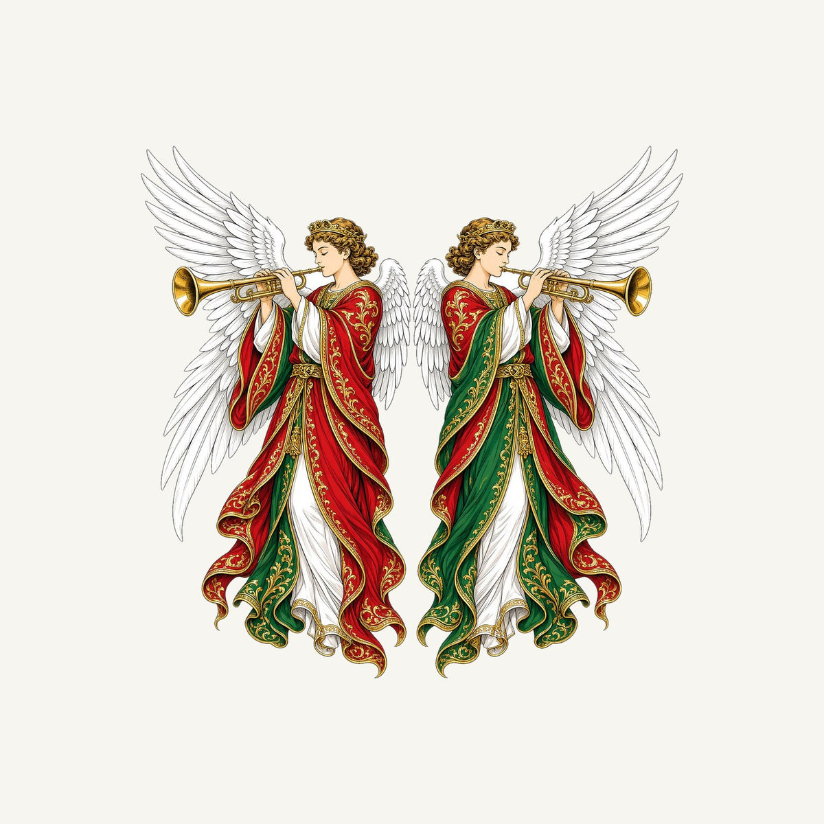 Angels With Golden Trumpets Christmas artwork, the design printed on the personalised kids tee