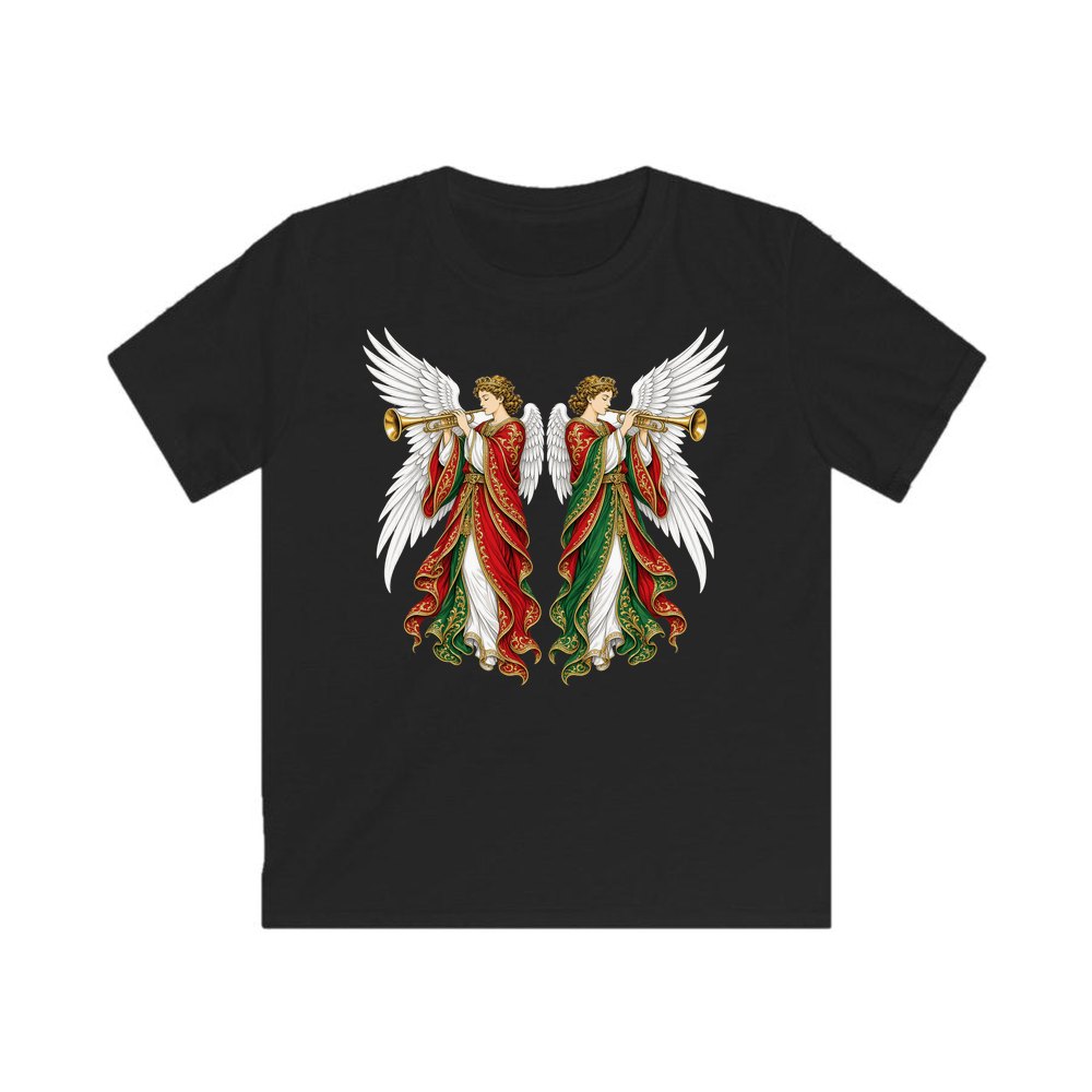 Angels With Golden Trumpets personalised kids Christmas tee in black