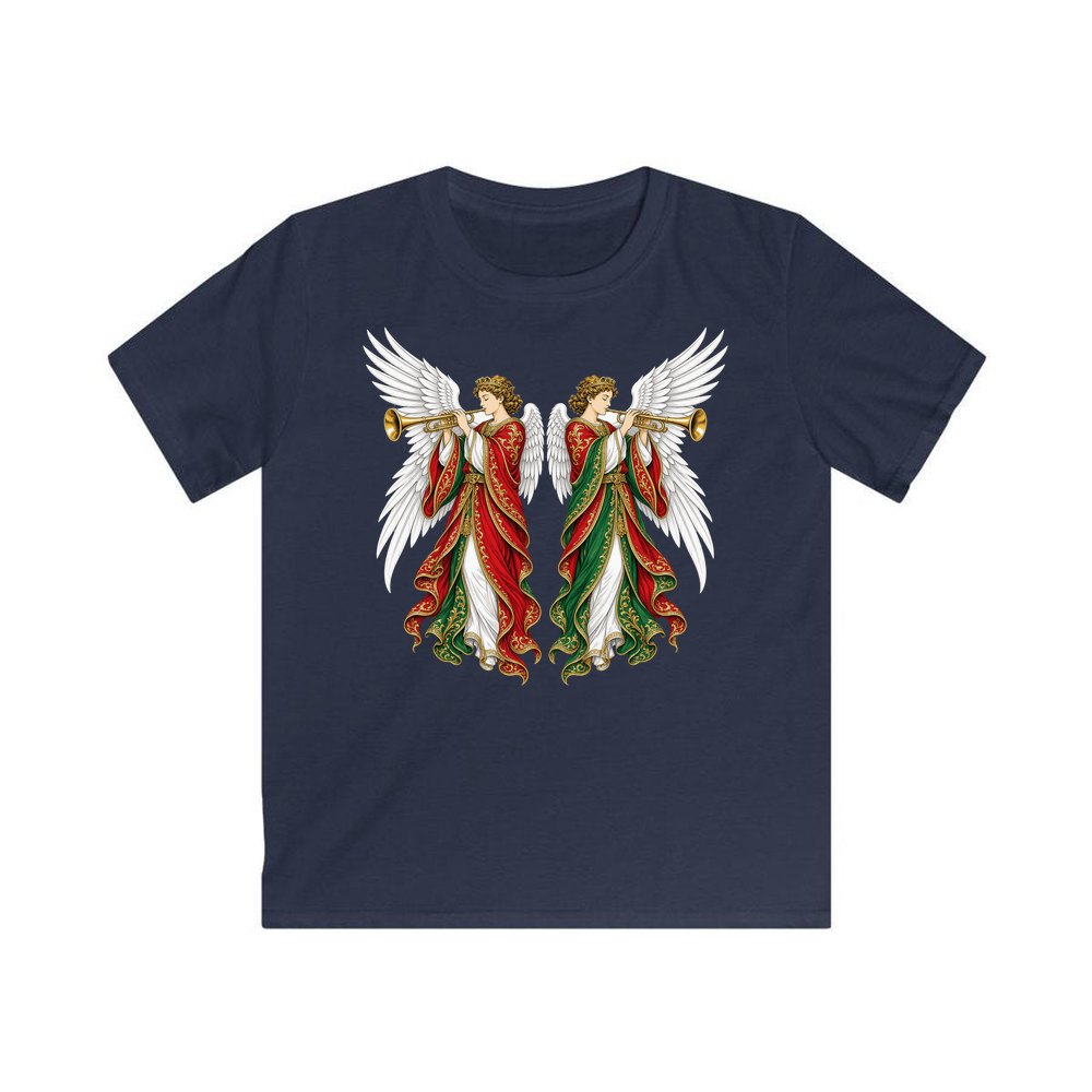Angels With Golden Trumpets personalised kids Christmas tee in navy