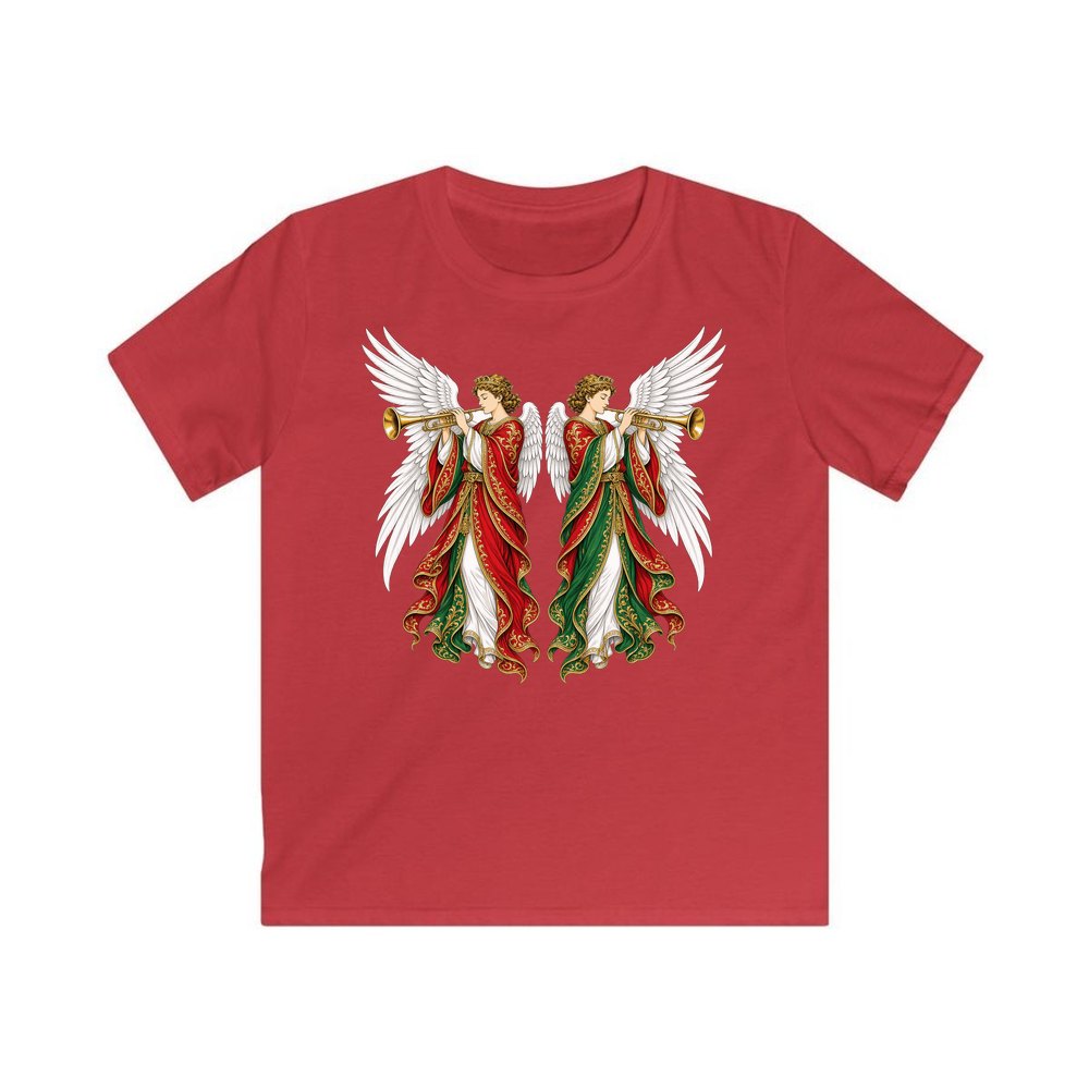 Angels With Golden Trumpets personalised kids Christmas tee in red