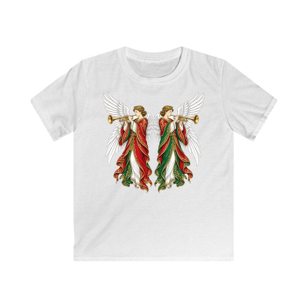 Angels With Golden Trumpets personalised kids Christmas tee in white