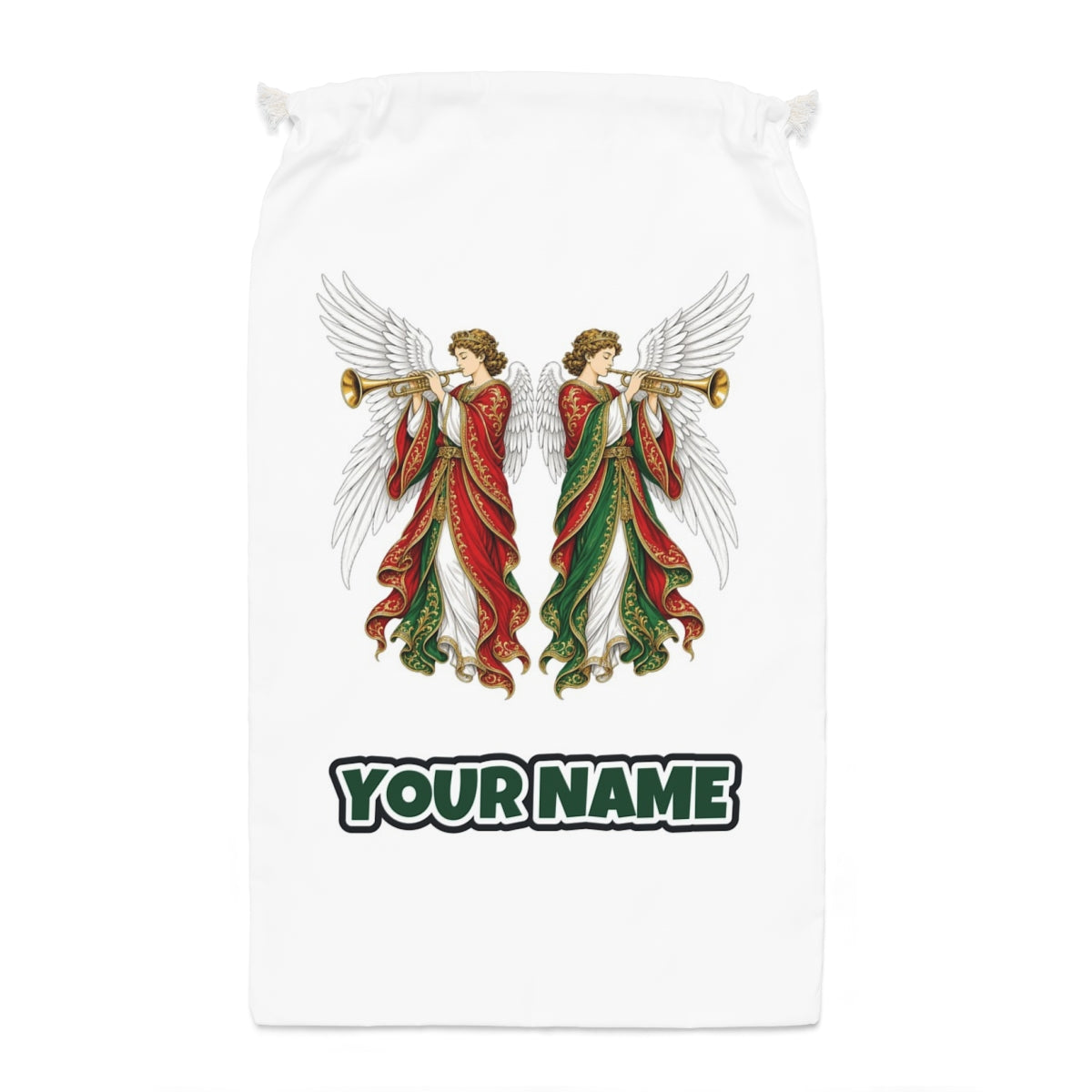 Angels With Golden Trumpets Santa sack laid flat, showing the full print