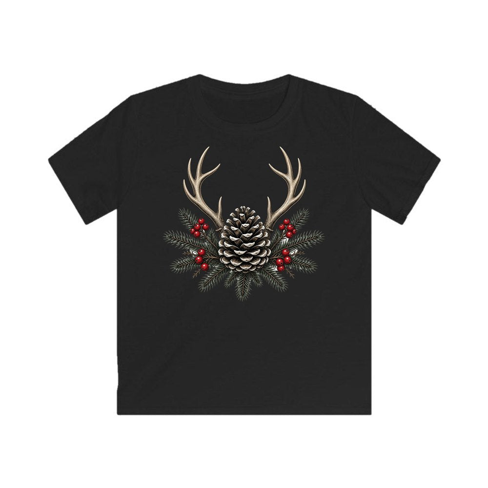 Antler and Pinecone Spray personalised kids Christmas tee in black