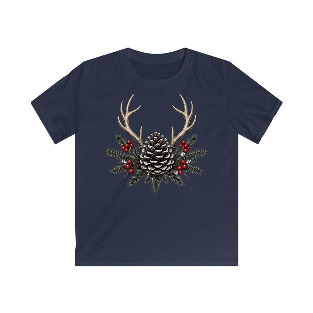 Antler and Pinecone Spray personalised kids Christmas tee in navy