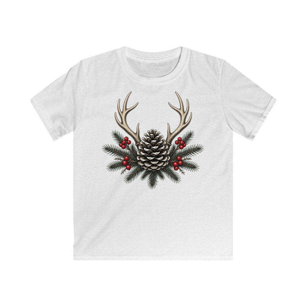 Antler and Pinecone Spray personalised kids Christmas tee in white