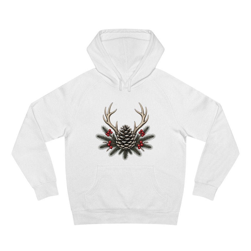 Antler and Pinecone Spray personalised Christmas hoodie in white