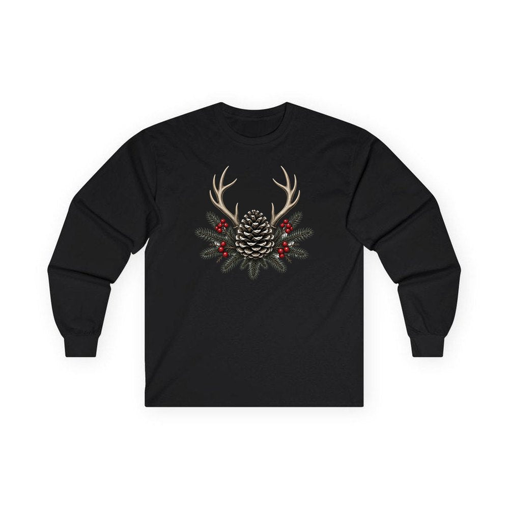 Antler and Pinecone Spray personalised long sleeve Christmas T-shirt in black
