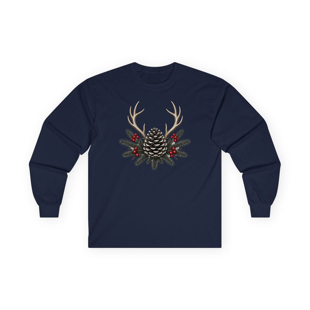Antler and Pinecone Spray personalised long sleeve Christmas T-shirt in navy
