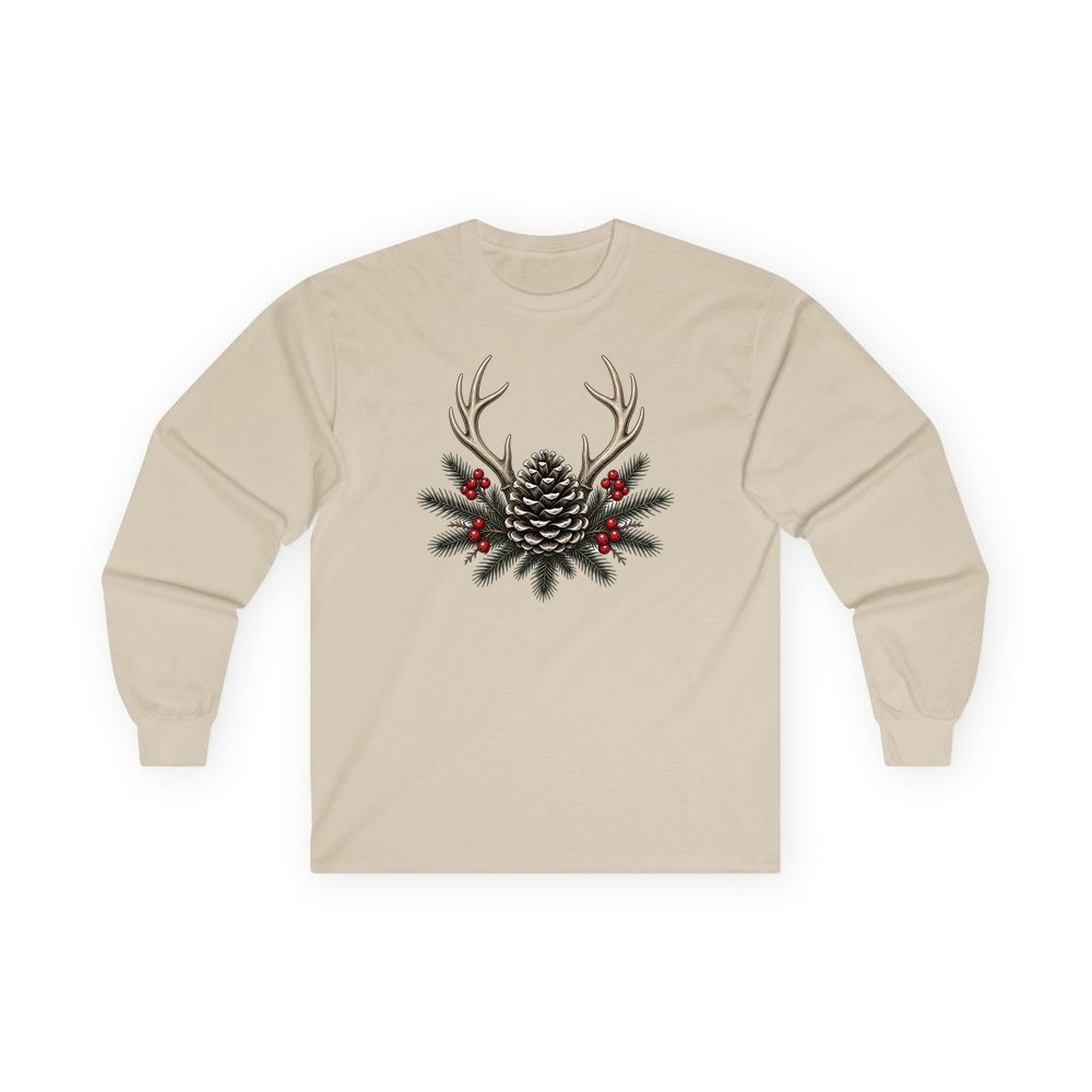 Antler and Pinecone Spray personalised long sleeve Christmas T-shirt in sand