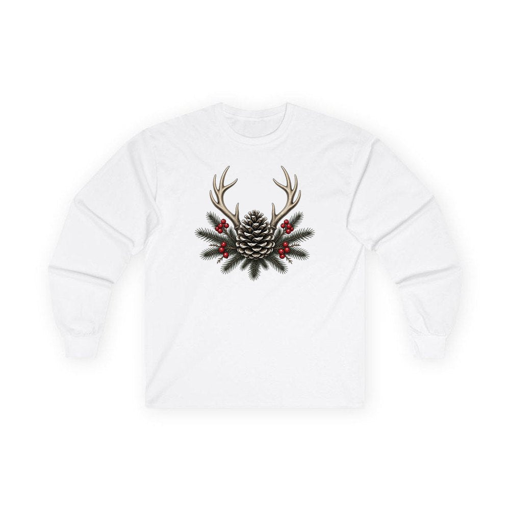 Antler and Pinecone Spray personalised long sleeve Christmas T-shirt in white
