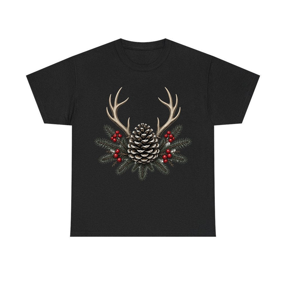 Antler and Pinecone Spray personalised Christmas T-shirt in black