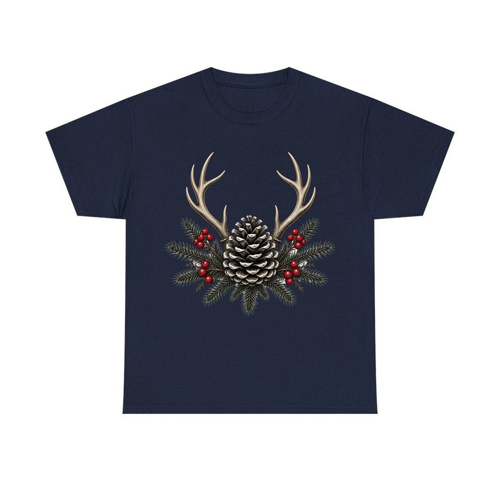 Antler and Pinecone Spray personalised Christmas T-shirt in navy