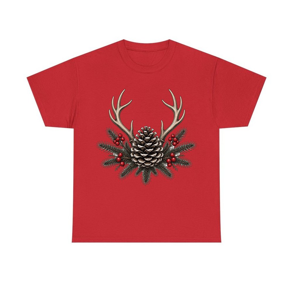 Antler and Pinecone Spray personalised Christmas T-shirt in red