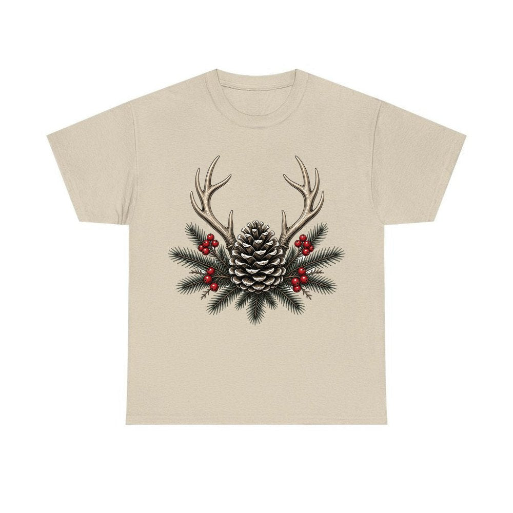 Antler and Pinecone Spray personalised Christmas T-shirt in sand