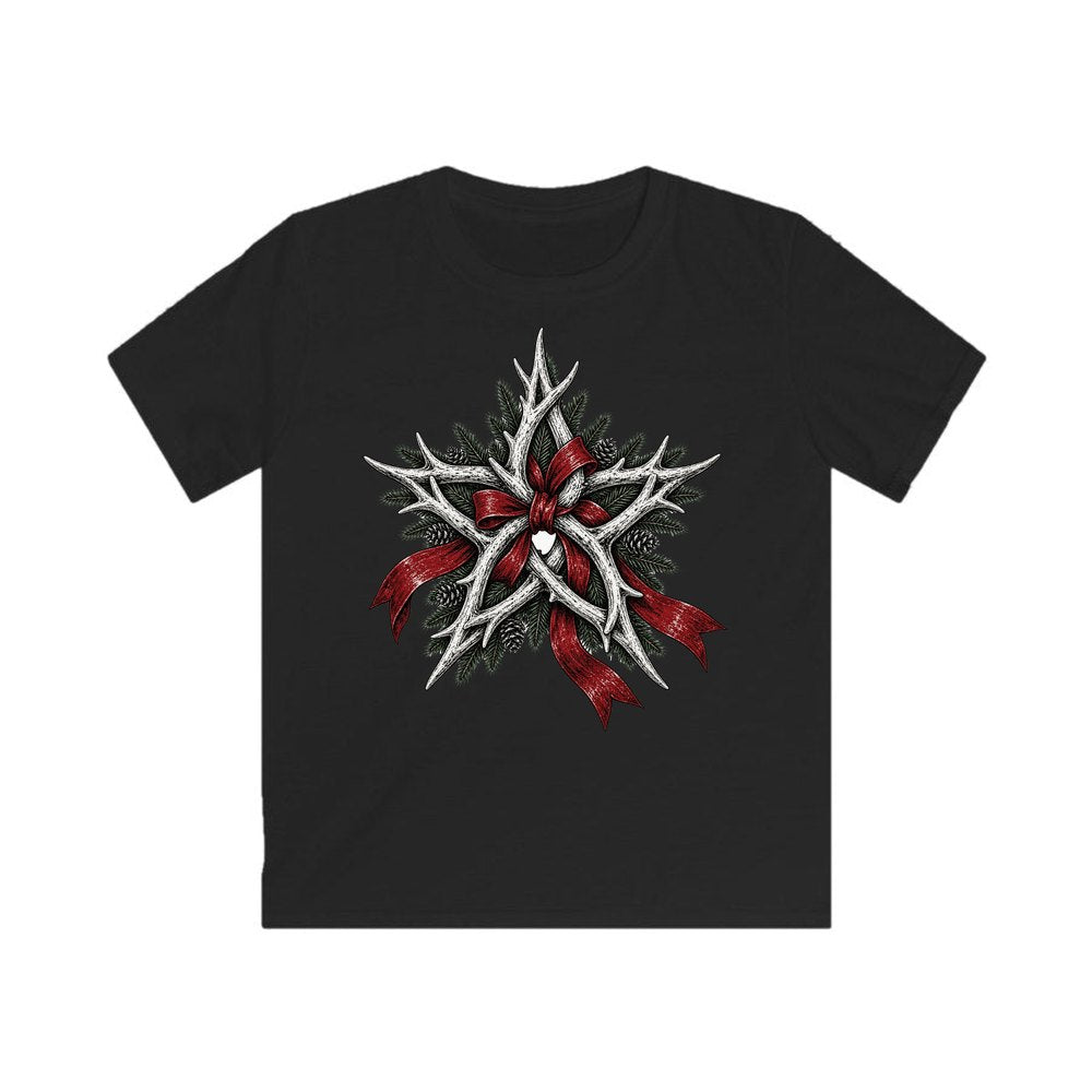 Antler Star With Ribbon personalised kids Christmas tee in black