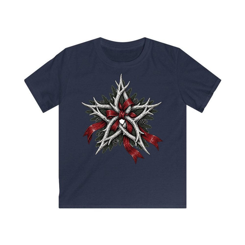 Antler Star With Ribbon personalised kids Christmas tee in navy