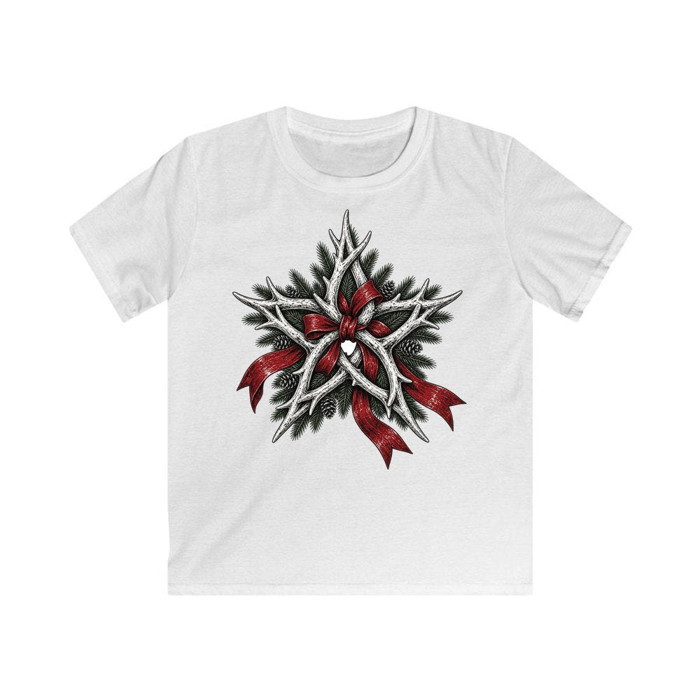 Antler Star With Ribbon personalised kids Christmas tee in white