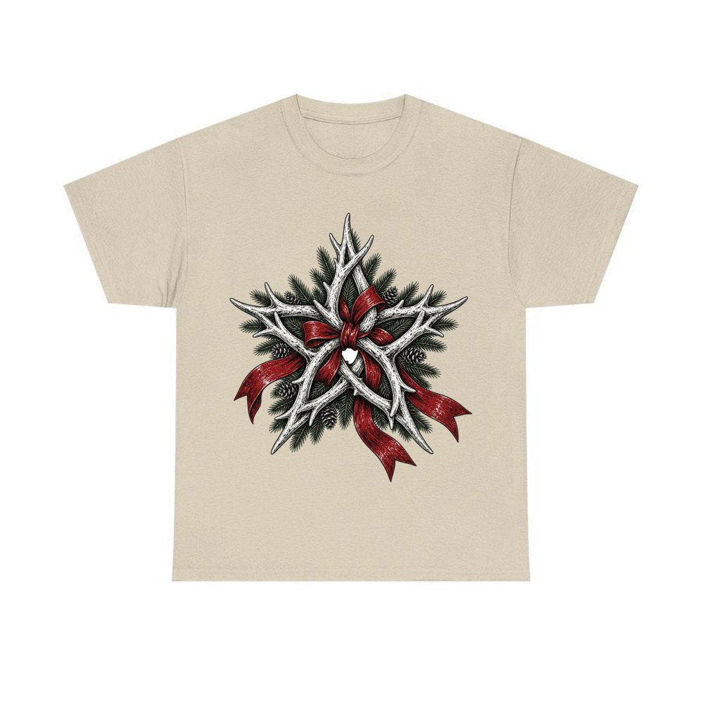 Antler Star With Ribbon personalised Christmas T-shirt in sand