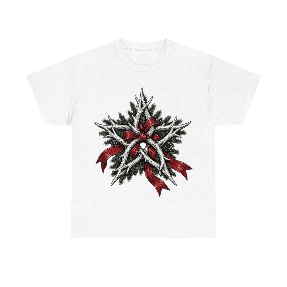 Antler Star With Ribbon personalised Christmas T-shirt in white