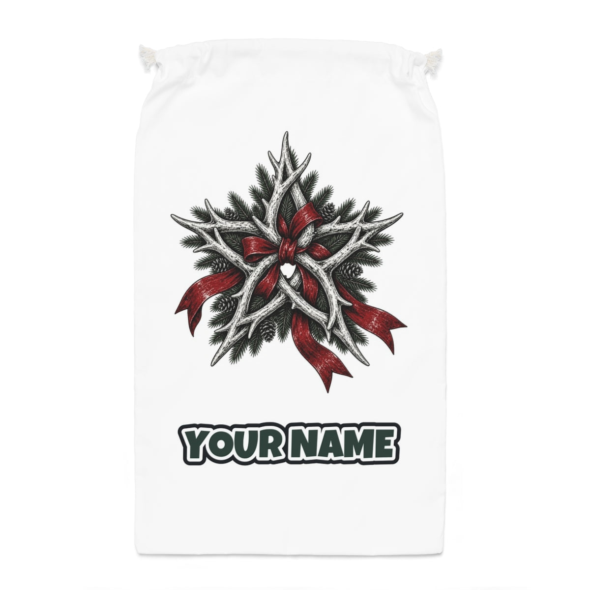 Antler Star With Ribbon Santa sack laid flat, showing the full print