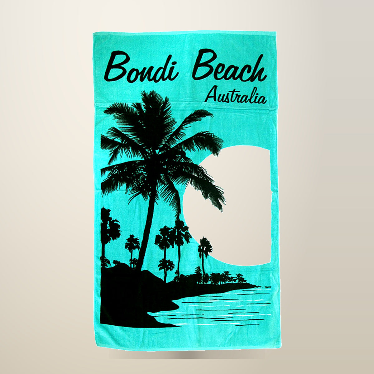 Aqua Blu Bondi Beach Towel, Aqua, 80 x 150 cm, on a plain cream background