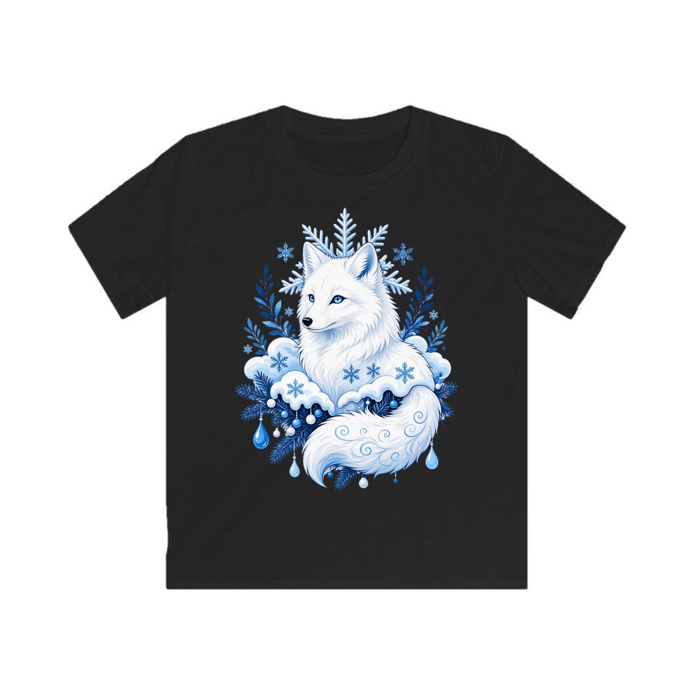 Arctic Fox in Snowflakes personalised kids Christmas tee in black